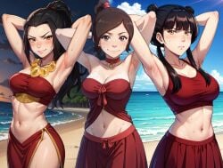>:( >:) 3girls ai_generated alternative_costume armpit_pose armpit_pussy armpit_sex_invitation armpit_sweat armpits arms_behind_head arms_up avatar_legends avatar_the_last_airbender azula bangs beach black_hair blunt_bangs blush bra braid braided_ponytail breasts brown_eyes brown_hair bun_twintails cleavage clothing double_bun double_hair_bun evil_smile eyebrows eyebrows_visible_through_hair female female_focus female_only fire_nation gold_necklace gold_trim hair_bun hair_down high_ponytail large_breasts long_hair long_skirt looking_at_viewer low_twintails mai_(avatar) midriff multiple_girls navel no_bangs nonbender o-ring_collar ocean official_alternative_costume outdoors parted_lips ponytail presenting_armpits red_bra red_collar red_crop_top red_hair_tie red_skirt red_tube_top red_underwear sand seaside sexy_armpits shiny_armpits side_slit_skirt sideboob sidelocks skirt smile smiling_at_viewer smooth_armpits stable_diffusion strapless_bra sweat sweaty sweaty_armpits swept_bangs tied_hair twintails ty_lee underwear widow's_peak yellow_eyes