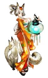 animal_ear areolae big_breasts breasts breasts_out erect_nipples fox_ear highres kimono kitsune kongiku large_breasts looking_at_viewer muramasa_the_demon_blade nipples open_clothes tail white_fur white_hair