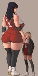 2girls black_hair brown_hair cantankeravian female jersey mini_giantess multiple_girls shorts