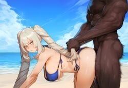 ai_generated beach big_breasts bikini dark-skinned_male dark_skin fate_(series) interracial kaikoi looking_back marie_antoinette_(fate) white_hair