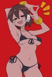 1girls aile arm_behind_head armpits arms_up black_eyes black_underwear blush bracelet brown_hair buzzlyears female headphones mega_man mega_man_zx oerba_yun_fang short_hair solo solo_female underwear