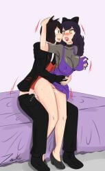 1boy 1girls black_hair black_hair_female blake_belladonna cat_ears dress_lift hand_on_breast jin_satou original_character penetration purple_dress reverse_cowgirl_position rwby sex yellow_eyes zronku