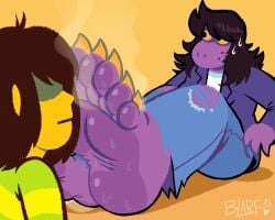 1girls ambiguous_gender barefoot blarf022 blush claws deltarune embarrassed feet foot_fetish foot_focus foot_sniffing furry furry_on_human jeans kris_(deltarune) kris_(light_world_form) musk musky_feet purple_skin smell smelly_feet soles steam susie_(deltarune) susie_(light_world_form) sweat sweaty_feet toe_claws undertale_(series) yellow_toe_claws