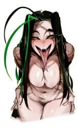 black_hair doppel female green_highlights hands_on_hips medium_breasts nude pubic_hair scar scar_across_eye scar_on_face sharp_teeth solo solo_female split_tongue two_tone_hair unusual_pupils yakuza_girl