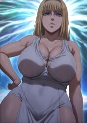 1female 1girls 1milf alternate_breast_size ancient ancient_greek_clothes attack_on_titan bangs big_breasts blonde_female blonde_hair blue_eyes breasts clothed dress female greco-roman_clothes greek_clothes hand_on_hip large_breasts light-skinned_female light_skin long_hair milf shexyo shingeki_no_kyojin solo straight_hair thick_thighs voluptuous_female white_skin ymir_fritz