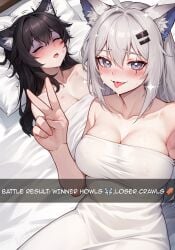 2girls absurdres after_sex ai-assisted ai_generated animal_ear_fluff animal_ears arknights artist_name bite_mark bite_mark_on_arm bite_mark_on_breast bite_mark_on_face black_hair blanket blush breasts closed_eyes emoji english english_text female female_focus female_only gray_eyes gray_hair grey_eyes grey_hair guy_tired_after_sex_(meme) hair_clips highres lappland_(arknights) large_breasts lattekoi5252 lipstick_mark long_hair looking_at_viewer meme multiple_girls parted_lips pillow scar scar_across_eye selfie smile smiling smiling_at_viewer sparkle teeth texas_(arknights) tired tongue tongue_out upper_teeth_only v v_sign victory wolf_ears wolf_girl yuri