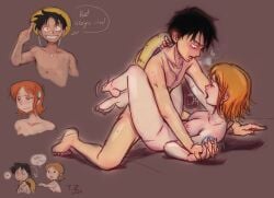 1boy 1boy1girl 1girls black_hair blush breasts completely_nude couple dialogue female hand_holding holding_hands humor leg_lock legs_around_partner male missionary_position moaning monkey_d_luffy nami nipples nude one_piece orange_hair penis_in_pussy pre-timeskip romantic scar sex short_hair speech_bubble straight straw_hat sweat sweatdrop tattoo wholesome wholesome_sex zantinaa