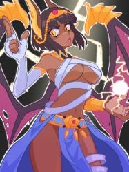 animal_ears black_hair blunt_bangs bob_cut cat_eyes cleavage dark-skinned_female dark_skin egyptian hcnone loincloth mummy_wrappings underboob wings wrappings wraps yellow_eyes