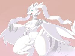 annoyed anthro areola arm_tuft blue_eyes breasts cheek_tuft claws coel_(artist) crotch_tuft dragon facial_tuft female_dragon female_pokemon fur furred_dragon generation_5_pokemon hair leg_tuft legendary_pokemon long_hair nintendo open_mouth pokemon pokemon_(species) reshiram solo tail thick_thighs tuft white_body white_fur white_hair