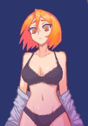 black_bra black_panties black_underwear bra cleavage frown hcnone midriff mrs._whiskey_(hcnone) off_shoulder orange_eyes orange_hair panties pixel_art underwear