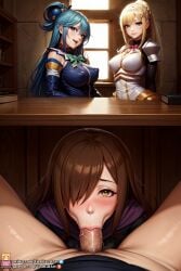 1boy 2023 3girls :>= absurd_res absurdres ai_generated amber_eyes aqua_(konosuba) aqua_eyes areola_bulge armor big_breasts blonde_hair blowjob blowjob_face blue_eyes blue_hair blush blushing_at_viewer book bow breasts brown_hair closed_mouth clothed covered_nipples darkness_(konosuba) day desk fellatio female fully_clothed hair_between_eyes hair_ornament hair_over_one_eye hi_res high_ponytail highres indoors kneeling kono_subarashii_sekai_ni_shukufuku_wo! large_breasts long_hair looking_at_viewer male male/female male_pov milf multiple_girls nipple_bulge nipples_visible_through_clothing open_mouth oral oral_sex orange_eyes penis ponytail pov pov_crotch pov_eye_contact pubic_hair robe satou_kazuma self_upload shiny_hair shiny_skin sitting smile smiling spread_legs stealth stealth_fellatio stealth_oral stealth_sex sucking sucking_penis sunlight table uncensored under_desk under_the_desk under_the_table upper_body vacuum_fellatio veins veiny_penis very_long_hair viralcat window wiz_(konosuba) x_hair_ornament yellow_eyes yellow_hair