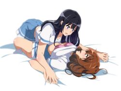 2girls black_hair bra brown_eyes brown_hair hibike!_euphonium highres kousaka_reina long_hair lying medium_hair multiple_girls open_mouth oumae_kumiko purple_eyes sbel02 skirt underwear yuri