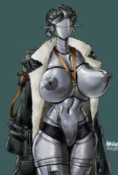 areolae artist_name braid breasts coat fur_coat holy_reich huge_breasts humanoid lucy_(reverse:1999) medium_hair metallic_body navel nipples no_mouth reverse:1999 robot silver_hair visor