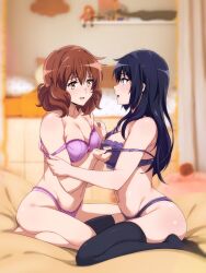 2girls black_hair bra brown_eyes brown_hair from_side hibike!_euphonium highres kousaka_reina long_hair medium_hair multiple_girls oumae_kumiko panties purple_bra purple_eyes purple_panties sbel02 thighhighs thighs underwear underwear_only undressing wavy_hair yuri