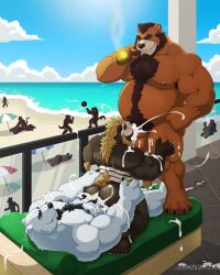 2018 4_toes 5_fingers anal anthro anthro_on_anthro anthro_penetrated anthro_penetrating anthro_penetrating_anthro armpit_hair ass balls barazoku barret_(shirteater18) beach bear beard belly big_balls big_muscles big_penis black_nipples black_nose blonde_hair blue_eyes bodily_fluids body_hair brown_body brown_fur chair chest_hair chest_tuft chubby_male cigar cum cum_dumpster cum_in_ass cum_in_mouth cum_inside cum_on_arm cum_on_ground cum_splatter excessive_cum excessive_genital_fluids facial_hair feet fellatio fingers fur furniture garoh genital_fluids genitals group group_sex hair happy_trail hi_res holding_both_legs holding_both_thighs holding_butt huge_muscles lounge_chair lovkuma male male/male male_penetrated male_penetrating mammal multicolored_body multicolored_fur musclegut muscular muscular_male nipples oral penetration penile penis pink_nipples plantigrade polar_bear precum pubes seaside sex shirteater18 slightly_chubby spitroast sweat thick_penis threesome tiberious toes trio tuft ursine vein veiny_penis white_body white_fur yellow_eyes