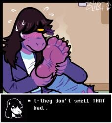 1girls barefoot blarf022 deltarune embarrassed feet foot_focus foot_sniffing furry furry_only holding_foot musk musky_feet smell smelly smelly_feet sole solo susie_(deltarune) susie_(light_world_form) toe_claws undertale_(series)