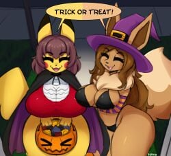 adorable anthro anthrofied big_breasts bra breasts brown_body brown_fur brown_hair clothing condom cute eevee female fur generation_1_pokemon halloween hat headgear headwear holidays huge_breasts i_am_kat95 nintendo open_mouth open_smile panties pikachu pokemon pokemon_(species) red_cheeks sexual_barrier_device smile tail underwear witch_hat yellow_body yellow_fur