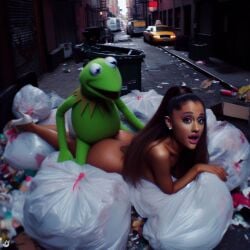 1girls ai_generated alley ariana_grande ass brown_hair car celebrity dall-e3 garbage garbage_bags garbage_bin implied_sex kermit_the_frog laying_down laying_on_stomach looking_at_viewer muppets real_person sesame_street shocked shocked_expression shocked_eyes tagme taxi the_muppet_show trash trash_bag trash_can