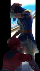 2girls bandaged_arm bandages blue_hair caitlyn_kiramman cunnilingus fingerless_gloves gloves highres league_of_legends multiple_girls noname_o_xxx oral patreon_username public_indecency red_hair short_hair vi yuri