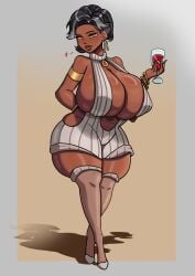 badapple69 black_hair blush breasts breasts_bigger_than_head brown_skin cameltoe cleavage cleavage_cutout cleavage_overflow grey_hair high_heels looking_at_viewer milf seductive short_hair smiling_at_viewer thick_lips thick_thighs thighs virgin_killer_sweater wine