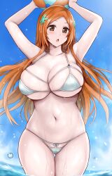 1girls arms_up ball beachball bikini bleach bleach:_sennen_kessen-hen bleach:_the_thousand-year_blood_war blue_sky breasts brown_eyes brown_hair cleavage collarbone commentary_request female_focus gluteal_fold hair_ornament hairpin highres holding holding_ball holding_beachball huge_breasts inoue_orihime looking_at_viewer micro_bikini multi-strapped_bra navel ocean official_alternate_costume open_mouth parted_bangs partially_submerged r-binon revision silver_bikini skindentation sky solo stomach string_bikini swimsuit thigh_gap underboob wading wet white_bikini