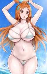 1girls arms_up ball beachball bikini bleach blue_sky breasts brown_eyes brown_hair cleavage collarbone commentary_request female_focus gluteal_fold hair_ornament hairpin highres holding holding_ball holding_beachball huge_breasts inoue_orihime looking_at_viewer micro_bikini multi-strapped_bra navel ocean official_alternate_costume open_mouth parted_bangs partially_submerged r-binon revision silver_bikini skindentation sky solo stomach string_bikini swimsuit thigh_gap underboob wading wet white_bikini