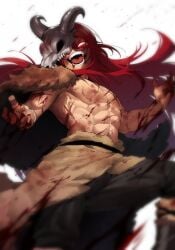 abs ain(in) ambush_(trap) barbarian blood femboy goes_hard in_(ain) laughing long_hair mask pelt red_eyes red_hair scar sharp_teeth skull skull_mask