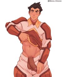 1boy armor avatar_legends big_cock big_penis black_hair blush blush_lines blushing color foreskin foreskin_pull mako male male_only manlyhand muscles muscular muscular_male orange_eyes pulling_down_pants the_legend_of_korra undressing vein veins veins_on_dick veiny_penis yaoi