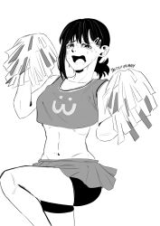 1girls bike_shorts chainsaw_man cheerleader clothed crying crying_with_eyes_open female female_only hairclip higashiyama_kobeni leg_up mappa midriff mole mole_under_eye mole_under_mouth monochrome navel open_mouth pastepiphany pom_poms skirt solo spats standing standing_on_one_leg stomach wholesome