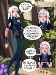 cute elf elf_ears elf_female female female_focus female_only fingers grifar pouty rayla_(the_dragon_prince) solo solo_focus stripping_game talking_to_viewer text text_bubble the_dragon_prince