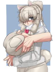 alpaca alpaca_suri_(kemono_friends) big_breasts blush breast_grab breasts clothed disembodied_hand disembodied_limb kemono_friends latina peruvian_female urisaba