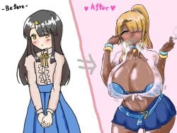 ass_expansion before_and_after bimbo bimbofication blackification blackwashed blonde_hair breast_expansion covered_nipples dark-skinned_female dark_skin ebonization eye_color_change female ganguro getting_bigger gyaru gyarufication hair_color_change hair_growth high_heels huge_ass huge_breasts izumi_(artist) japanese_text left-to-right_manga lip_expansion navel nipples race_swap skin_color_change text thick_lips thick_thighs thigh_expansion transformation translation_request wide_hips