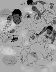 2023 anthro balls bear belly bepo blush bottomwear closed_eyes clothing duo erection genitals hi_res human human_on_anthro interspecies male male/male male_only mammal minkmen_(one_piece) moobs nekokat42 nipples one_piece overweight overweight_male pants penis polar_bear sex shirt tattoo topwear trafalgar_law ursine yaoi