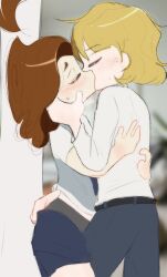 1boy 1girls blonde_hair blush brown_hair closed_eyes color colored colored_sketch couple cowboy_shot kissing makeout oc standing straight twitter_user_oc uniform