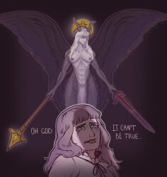 angel_wings areolae armor_removed bangs big_breasts blonde_hair bloody_sword body_armor body_transformation breasts clothed clothing dialogue dominant_female domination english_text fear_and_hunger fear_and_hunger:_termina flaccid fully_clothed futa_on_female futanari goddess heartless_one huge_cock human humanoid ketsueki_(character) long_hair longsword magic marina_(fear_and_hunger) nipples penis penis_shadow shocked_expression spear stunned text translated trortur6exmaker valkyrie wings