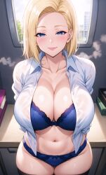 1girls ai_generated android_18 blonde_hair blue_eyes bra breasts cleavage dragon_ball dragon_ball_z female hi_res hips huge_breasts light-skinned_female light_skin naughty_face panties short_hair stable_diffusion stuffyai suggestive_look thick_thighs thighs uncensored wide_hips