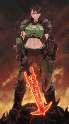 1girl 1girls armor armored armored_boots armored_female armored_gloves armour artist_request blood blood_on_face brown_eyes brown_hair doom doom_slayer_(doom) looking_at_viewer rule63 rule_63 scar smiling smiling_at_viewer standing sword tummy