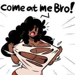 1girls artist_name beauty_mark big_breasts big_hair black_hair bro_(murgoten) cleavage come_at_me_bro dark-skinned_female dark_skin hair_over_one_eye huge_breasts long_hair murgoten original original_character ripped_clothing ripped_shirt ripping_clothing shirt_rip solo text tomboy