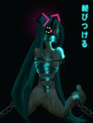 anus barefoot blindfold blush bondage bound breasts cuffs cum cum_on_ass cum_on_body cum_on_breasts feet female gag gagged hatsune_miku highres improvised_gag neon_lights non-web_source nude over_the_mouth_gag pasties shackles tape tape_bondage tape_gag tape_on_nipples taped_mouth vocaloid