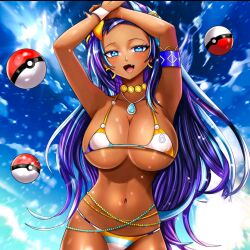 big_breasts bikini bikini_bottom bikini_top black_fur blue_eyes blue_hair cloud clouds cloudscape cloudy_sky necklace nessa_(pokemon) pokeball pokeballs pokemon pokeporn thick_thighs thin_bikini