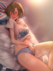 bare_legs bed_sheet blue_panties blush breasts brown_hair closed_eyes collarbone covered_nipples ear_blush female female_masturbation female_orgasm gojarun groin hand_in_clothes highres idolmaster idolmaster_cinderella_girls indoors lying masturbation masturbation_through_clothes medium_breasts on_back orgasm panties shirt single_bare_shoulder solo steaming_body stomach sweat tada_riina twitter_username underwear union_jack white_shirt