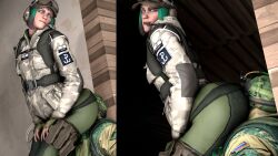 1boy1girl 3d against_wall ass_focus big_ass blue_eyes dominant_female domination ela_(rainbow_six) face_in_ass female femdom fuze_(rainbow_six) green_hair helmet humiliation leggings male/female rainbow_six_siege smirk smothering smug straight submissive_male theduudeman uniform