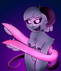 bedroom_eyes female glowing_eyes glowing_tentacles mouse_girl pink_eyes pink_nipples ravinraven_(artist) reggie_(whygena) tentacle white_fur