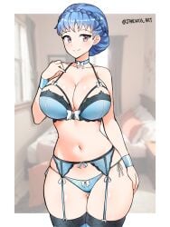 1girls 2023 absurdres ass_visible_through_thighs bare_arms bare_shoulders bare_thighs bed bedroom blue_bra blue_choker blue_hair blue_lingerie blue_panties bra bracelet braid breasts brown_eyes choker cleavage commentary cowboy_shot crown_braid english_commentary female female_only fire_emblem fire_emblem:_three_houses garter_belt grey_eyes highres huge_breasts indoors jarckius large_breasts light-skinned_female light_skin lingerie marianne_von_edmund navel nintendo panties revealing_clothes short_hair smile solo standing stockings stomach thick_thighs thighhighs thighs underwear wide_hips wristband