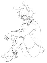 1boy 1male blush bunny bunny_ears bunny_tail choker collar collar_tag fluffy furry_handcuffs gag gagged handcuffs_on_ankles heart_lock heart_locket male male_only miroyuuu mostly_nude nipple original original_character shorts sketch socks solo