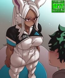 1boy 1girls android bunny_ears dark-skinned_female dark_skin detroit:_become_human eyebrows female green_hair izuku_midoriya large_breasts male miruko my_hero_academia red_eyes robot robot_girl shosho_oekaki thick_thighs thighhighs thighs white_hair wide_hips