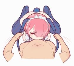 angry angry_fellatio bunny_ears bunnysuit deepthroat fday fellatio maid maid_headdress natsuki_subaru one_eye_covered pink_hair pulling pulling_ears ram_(re:zero) re:zero_kara_hajimeru_isekai_seikatsu red_eyes sucking sucking_penis