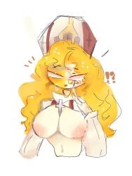 big_breasts blonde_hair breasts christianity countryhuman countryhumans countryhumans_girl cross long_hair looking_at_breasts onlyramita pink_nipples shocked sweat vatican_city_(countryhumans) white_eyes