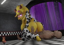 1boy 1boy1girl 1girls 3d 3d_(artwork) anthro armwear ass bald bald_man big_ass chica_(cally3d) chica_(fnaf) chiku chiku_(cryptia) cow_print fazclaire's_nightclub five_nights_at_freddy's fredina's_nightclub furry human_on_anthro male/female open_mouth penetration reverse_cowgirl_position scottgames sex thick_thighs thighhighs voluptuous vxast wide_hips yellow_fur yiff