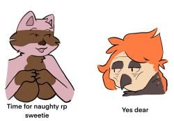 anthro avian bird breasts duo english_text female hi_res male male/female mammal meme procyonid raccoon roleplay skellyroon text wojak